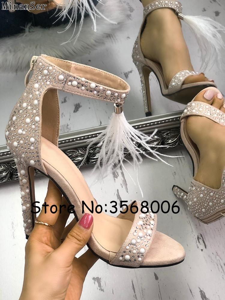 

Drilling Fur Embellished Heeled Sandals Open Toe Rhinestone Crystal Party Dress High Heels Crytal Stiletto Pumps Shoes, Black
