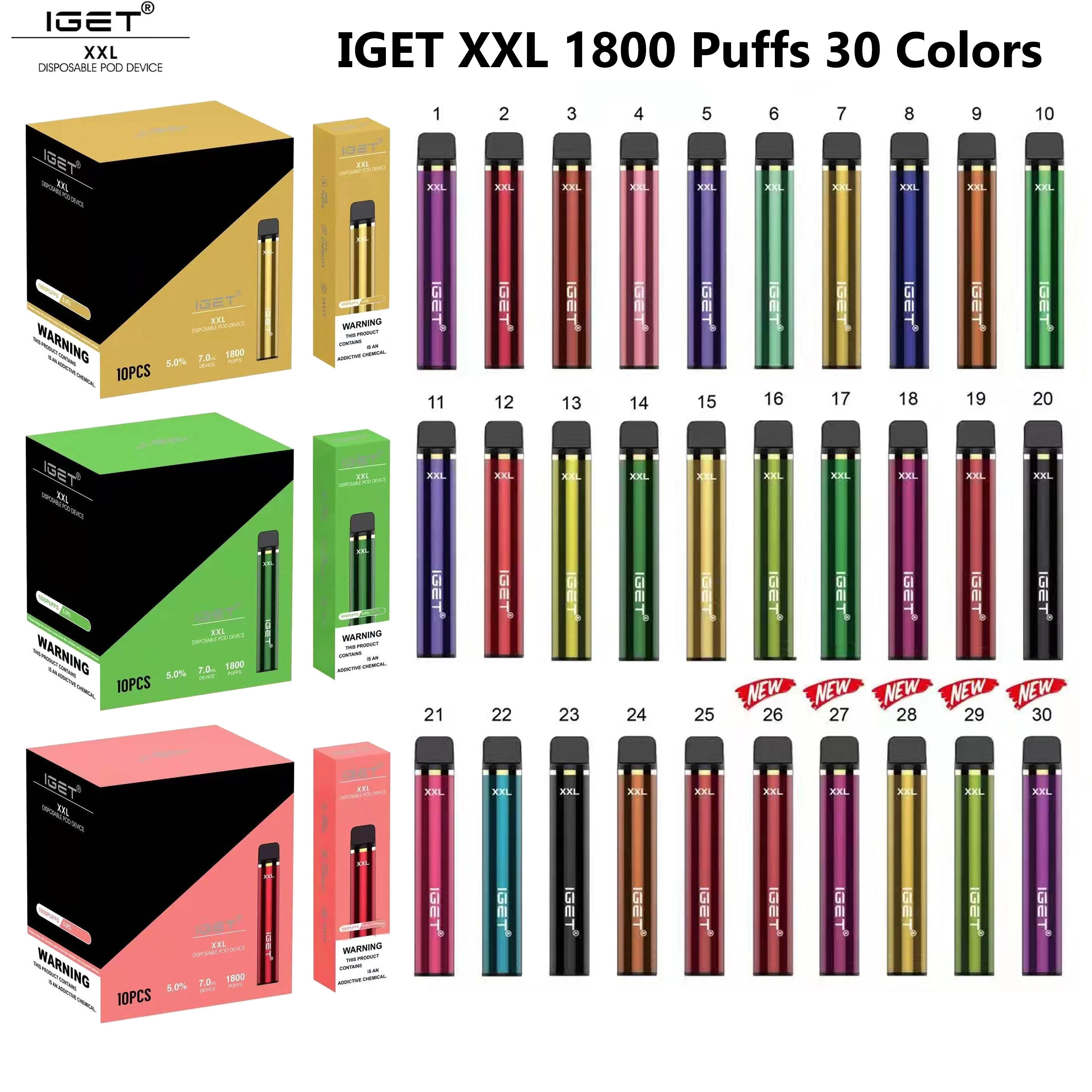 

Original Iget XXL MAX Disposable Electronic Cigarette 1800 Puffs Pod Device Kit 950mAh 7ml Prefilled Vape Stick 100% Authentic Vapes E Cigarettes 30 Colors