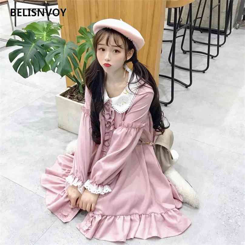 

Japanese Ulzzang Lace Embroidery Doll Dress Women Harajuku Pink Ruffles Kawaii Dresses Lolita Cosplay Sweet Loose Vestidos 210520