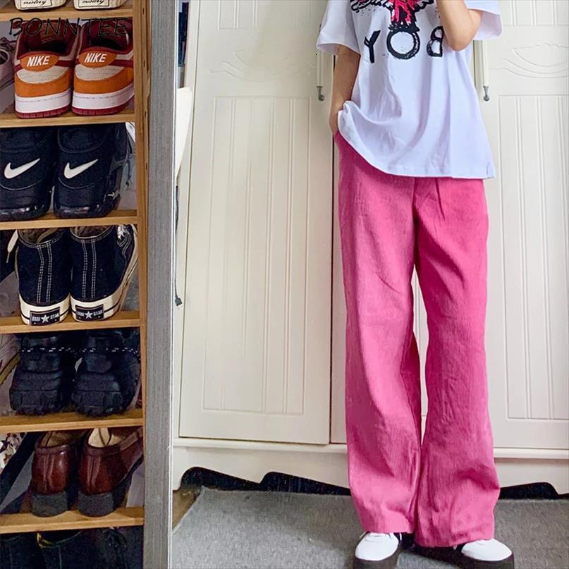 

straight chic harajuku pink corduroy women capri retro streetwear simple full length elasticated womens trousers, Black;white