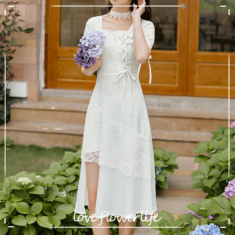 

Summer Square Collar Slim Thin Dress Women Short Sleeve Elegant Vintage Dress Lace-up Dress Korean Bandage Chic 210521, Black