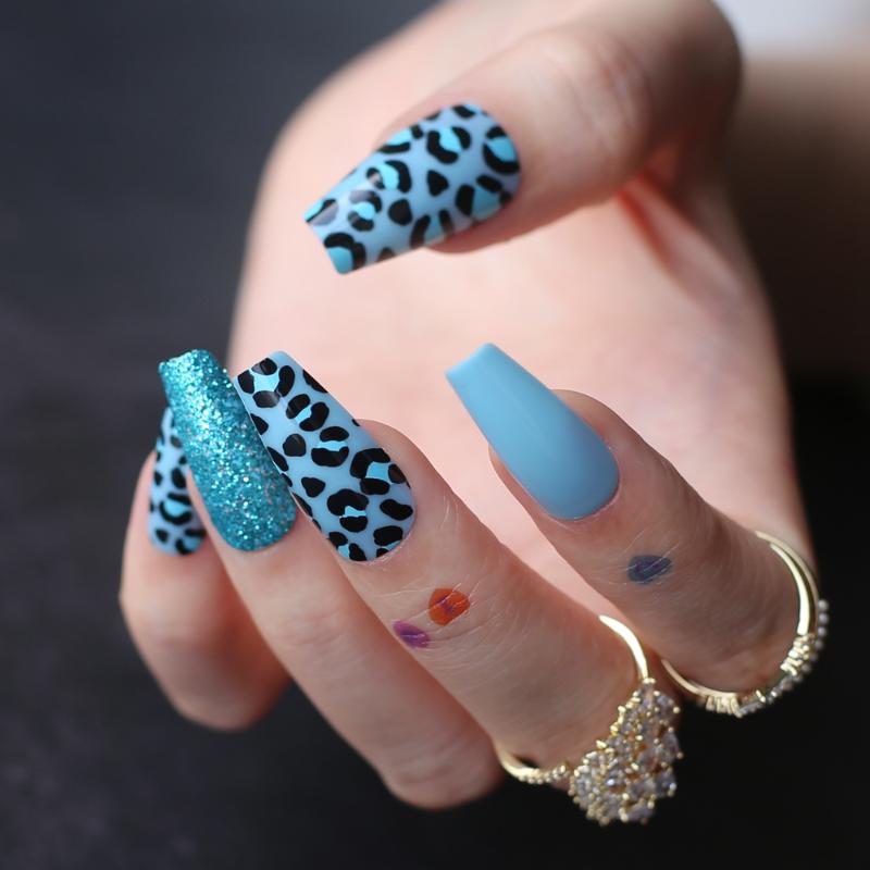 

False Nails UV Gel Blue Leopard Artificial Coffin Fake 24PCS Ballet Glitter Gloosy, 109-f-706g