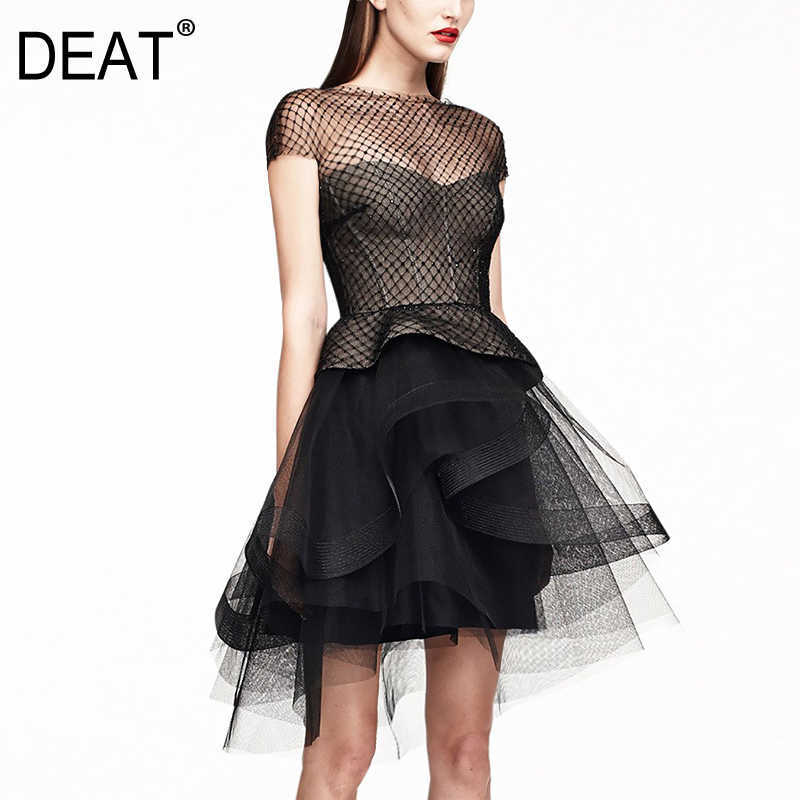 

[DEAT] Women Black Round Neck High Waist Short Sleeve Solid Color Hollow Out Loose Sexy Dress Summer Fashion 13C600 210527