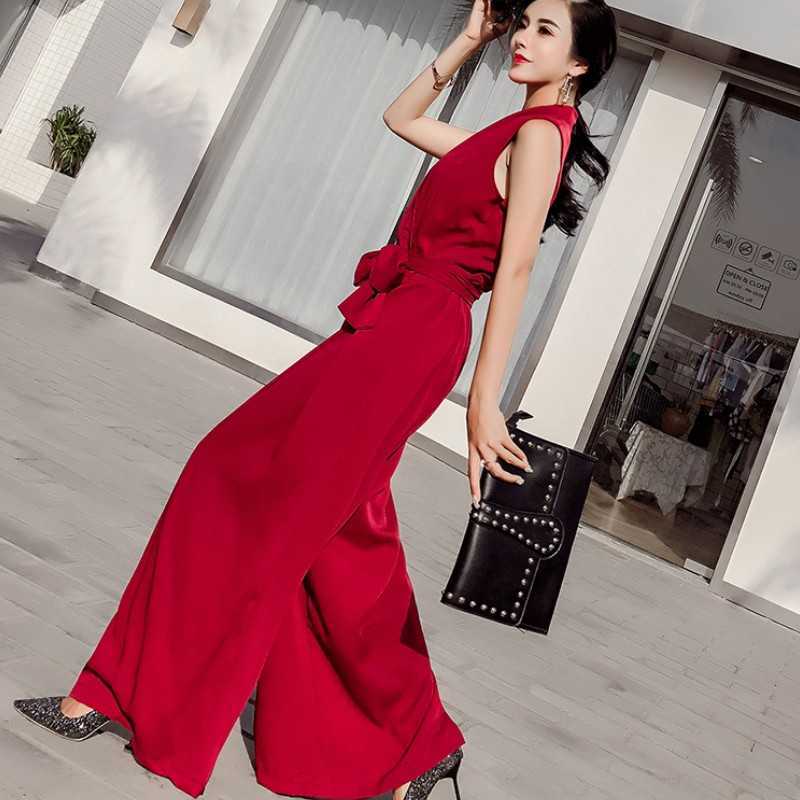 

Summer Elegant Ladies Sleeveless Solid Jumpsuits V-Neck High Waist Sashes Women Casual Slim Wide Leg Rompers Female 210526, Red
