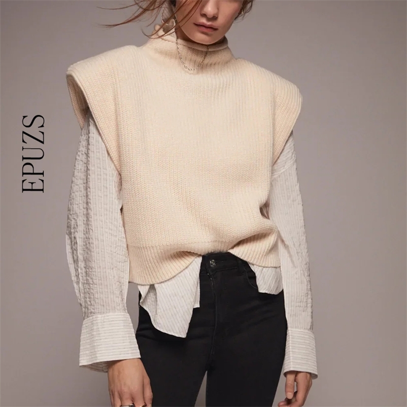 

Vintage sleeveless turtleneck sweater women korean loose knitted casual Office Lady Pullover 210521, Beige