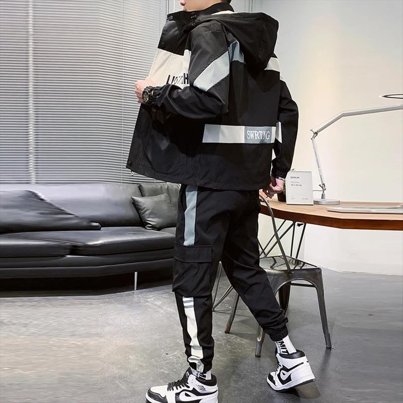 

set autumn sportswear suit hooded men tracksuits jacket sweatshirt pant patchwork hip hop streetwear 2 pcs clothing, Gray