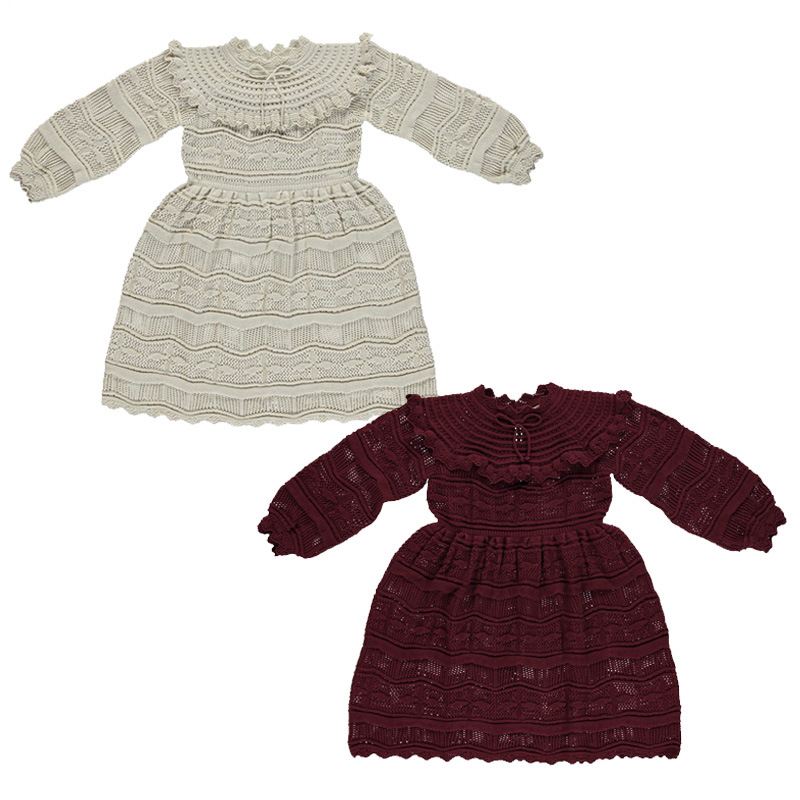 

Girls Dresses Kids Bebe Organic Knitted Sweater Dress Baby Cotton Princess French Lace Infant Knitting Tops Shirts Christmas Newborn Boutique Clothing B7844