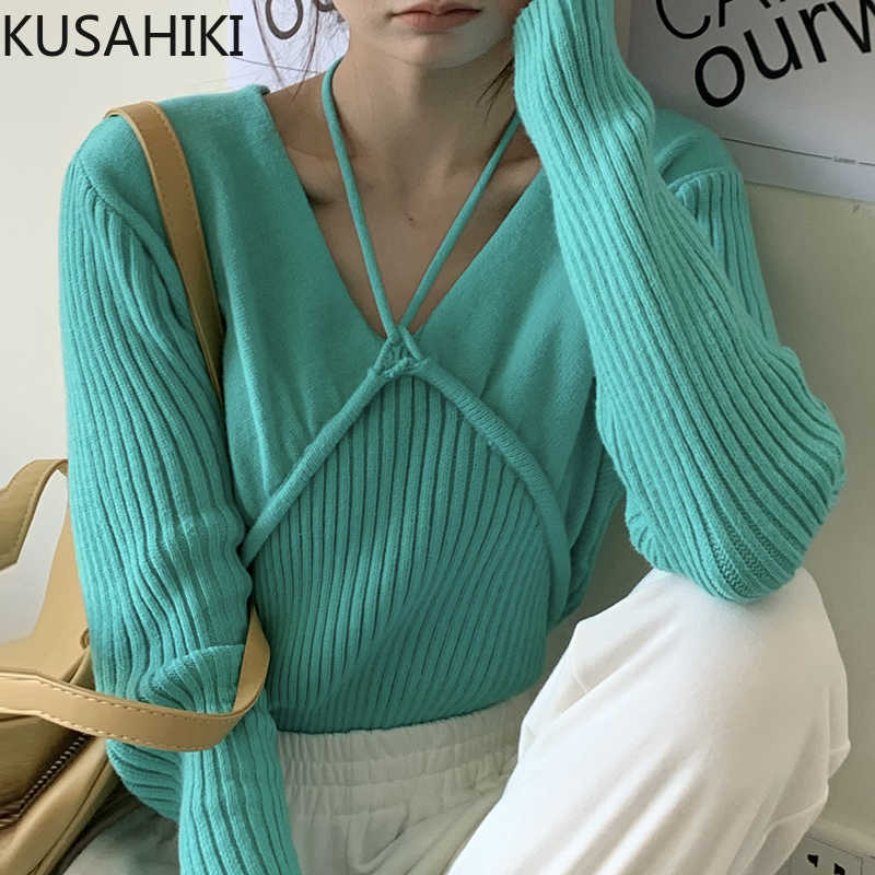 

KUSAHIKI Halter V-neck Knitted Basic Tops Spring Long Sleeve Women Knitwear Causal Solid Korean Sweater Pullovers 6E638 210602, Blue