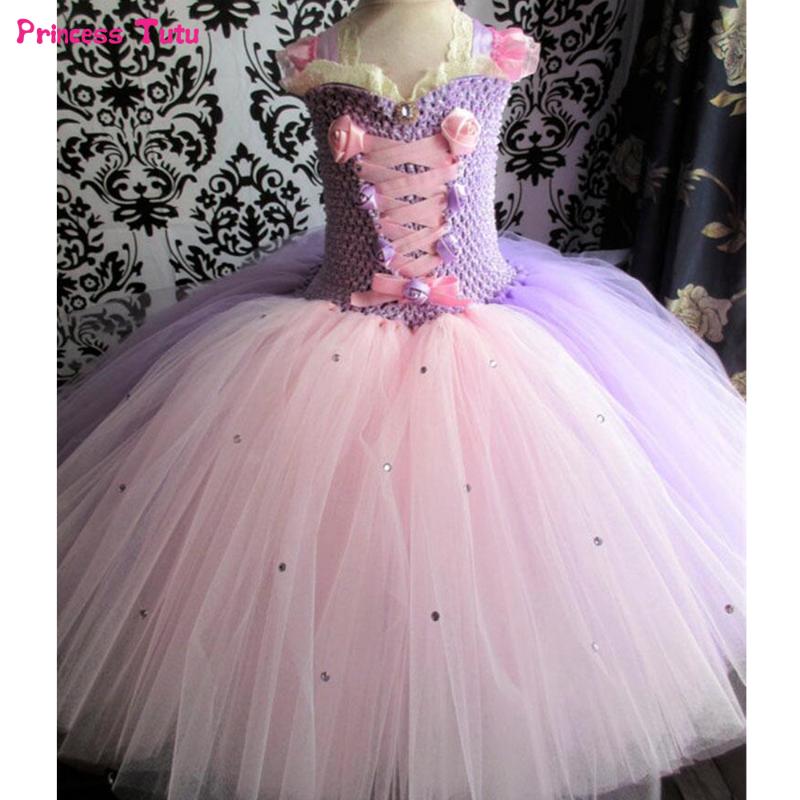 

Girl's Dresses Pink Lavender Girls Long Hair Princess Dress Children Party Wedding Ball Gown Kids Tutu For Halloween Costume 1-14