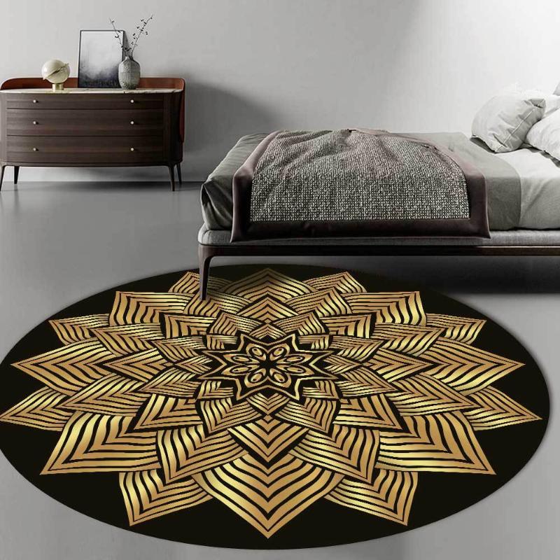

Carpets Modern Golden Black Carpet Geometric Flower Ethnic Style Round Living Room Bedroom Hanging Chair Floor Mat Area Rug Home Decor