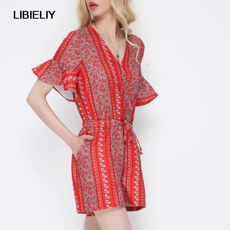 

Floral Printed With Belt Jumpsuites Women Nice Summer Fashion Short Flare Sleeve Playsuits Woman Casual Jumpsuits Female Women' & Rompers, Pa71002