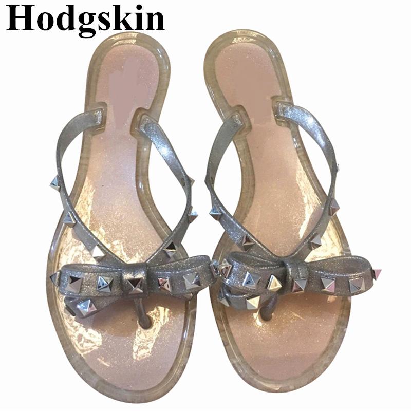 

Slippers 2021 Street Fashion Jelly Beach Summer Shoes Women Rivet Butterfly-Knot Outdoor Indoor Flat Soft Flip Flops, Black