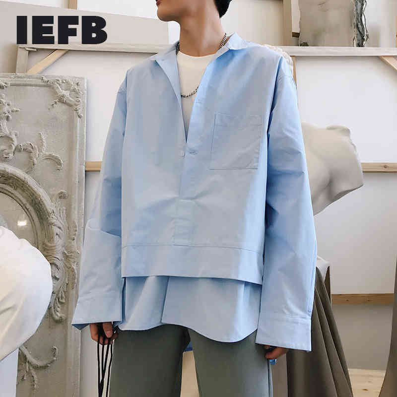 

IEFB Men's Spring Long Sleeve Shirts Design Pullover Shirt For Male Trend False Two Pieces Folded Tops Loose Y1070 210524, White