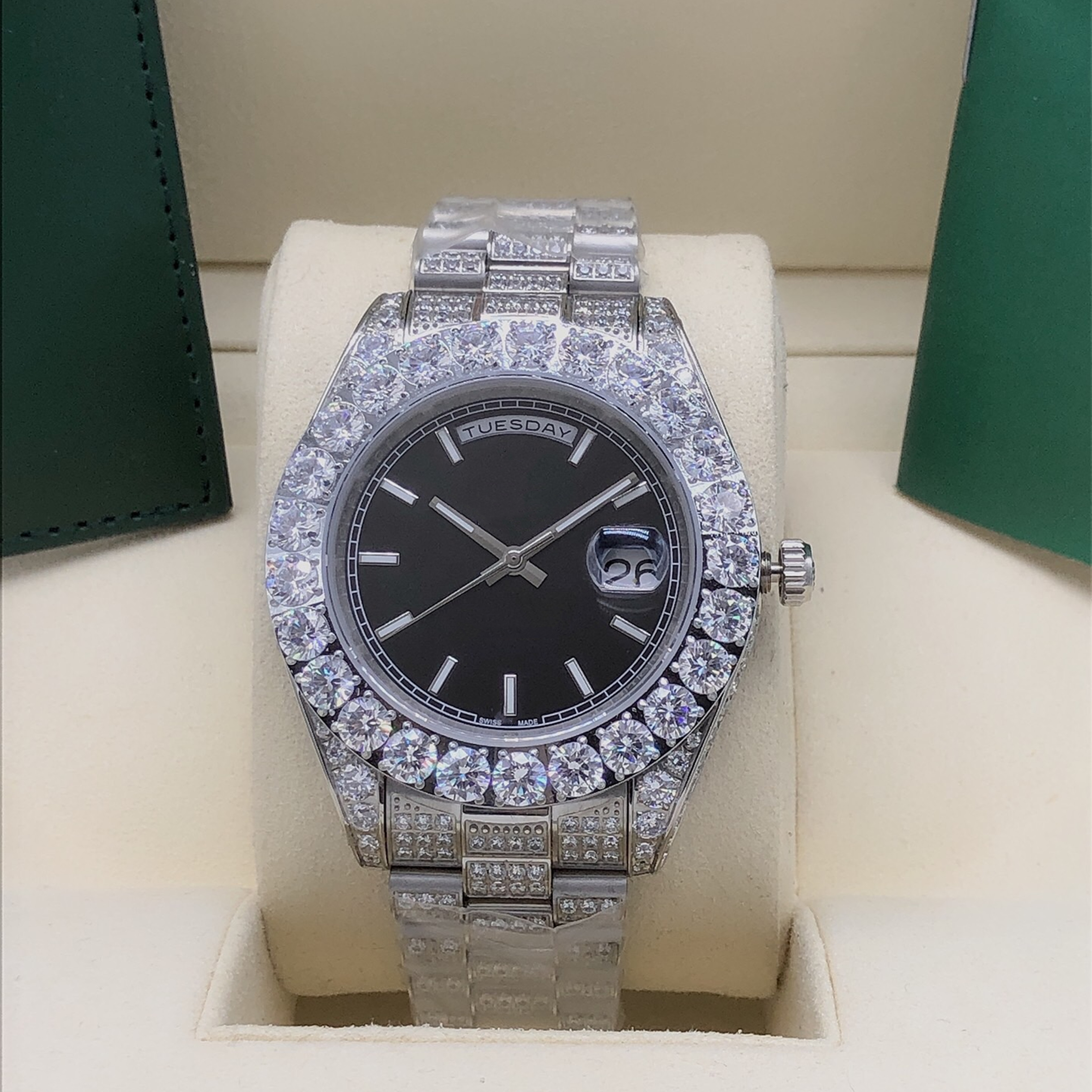 

Luxury Men's Big Diamond Ring Watch Stainless Steel Silver Strap Green Dial Automatic Date Sapphire Mirror, Black