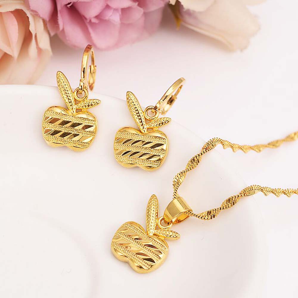 Christmas 24 k Solid gold G pendant Earrings apple Women Bridal Jewelry Set African girls kids Wedding gift-image-677948424