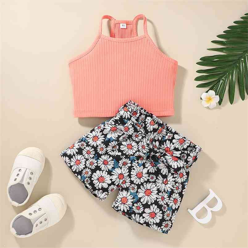 

Summer Children Sets Strap Pink Green Solid Tops Print Daisy Shorts Cute Girl Clothes 18M-6T 210629, Ha10044b