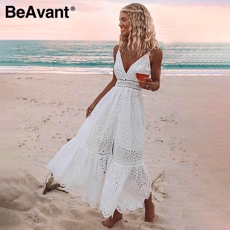 

BeAvant Embroidery cotton white summer dress women Sexy v neck spaghetti strap long dress High waist button casual dress female, Blue