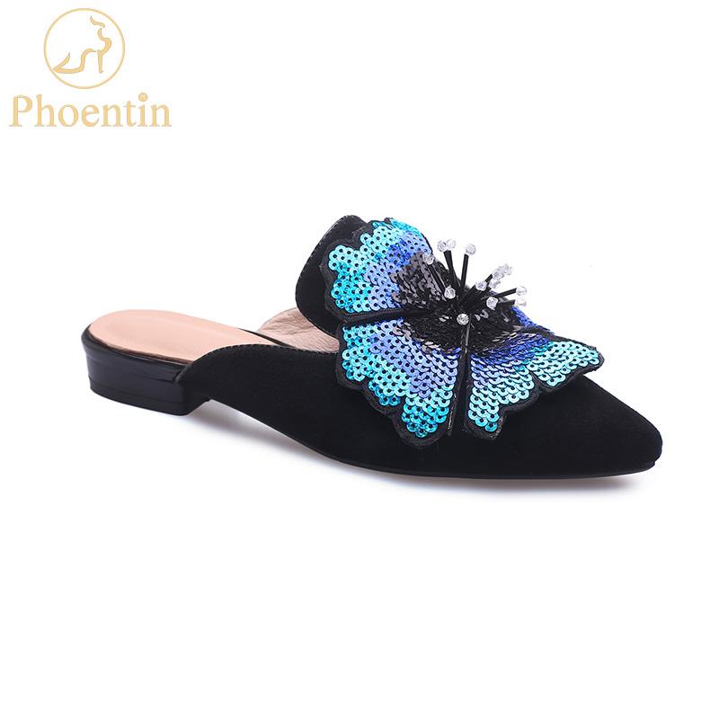 

Slippers Phoentin Flower Women Outdoor Footwear 2021 Arrival Pointed Toe Muller Shoes Black Flat Heels Genuine Leather FT670