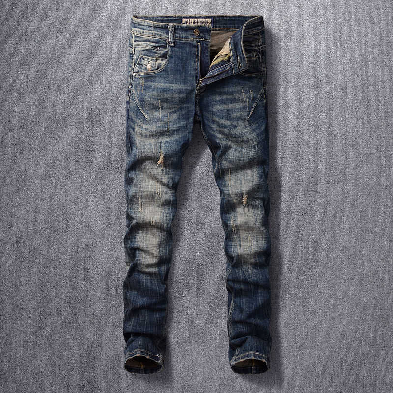 

Fashion Streetwear Men Jeans Elastic Cotton Retro Black Blue Patchwork Hip Hop Pants Vintage Designer Slim Ripped for 2NSK