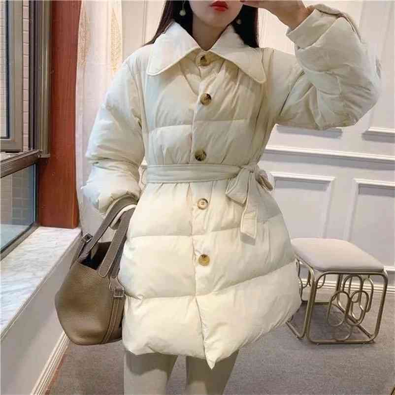 

Winter Women Solid Turn Down Collar Warm Parkas Female Sashe White Duck Coats Ladys Korean Style Outerwears 210519, Pink
