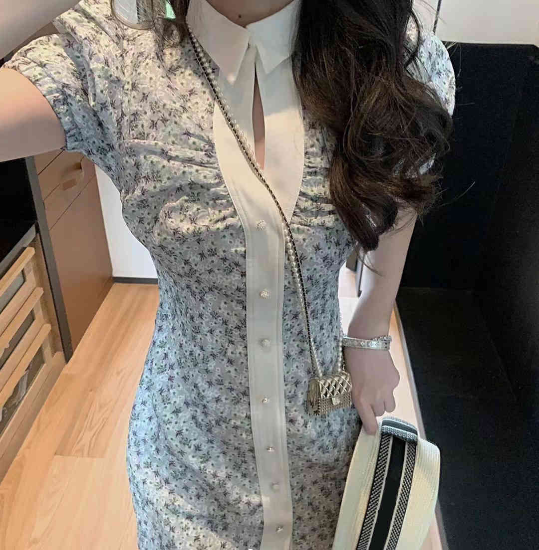 

French niche 2021 summer new polo collar floral design bubble sleeve slim shirt dress, Floral dress