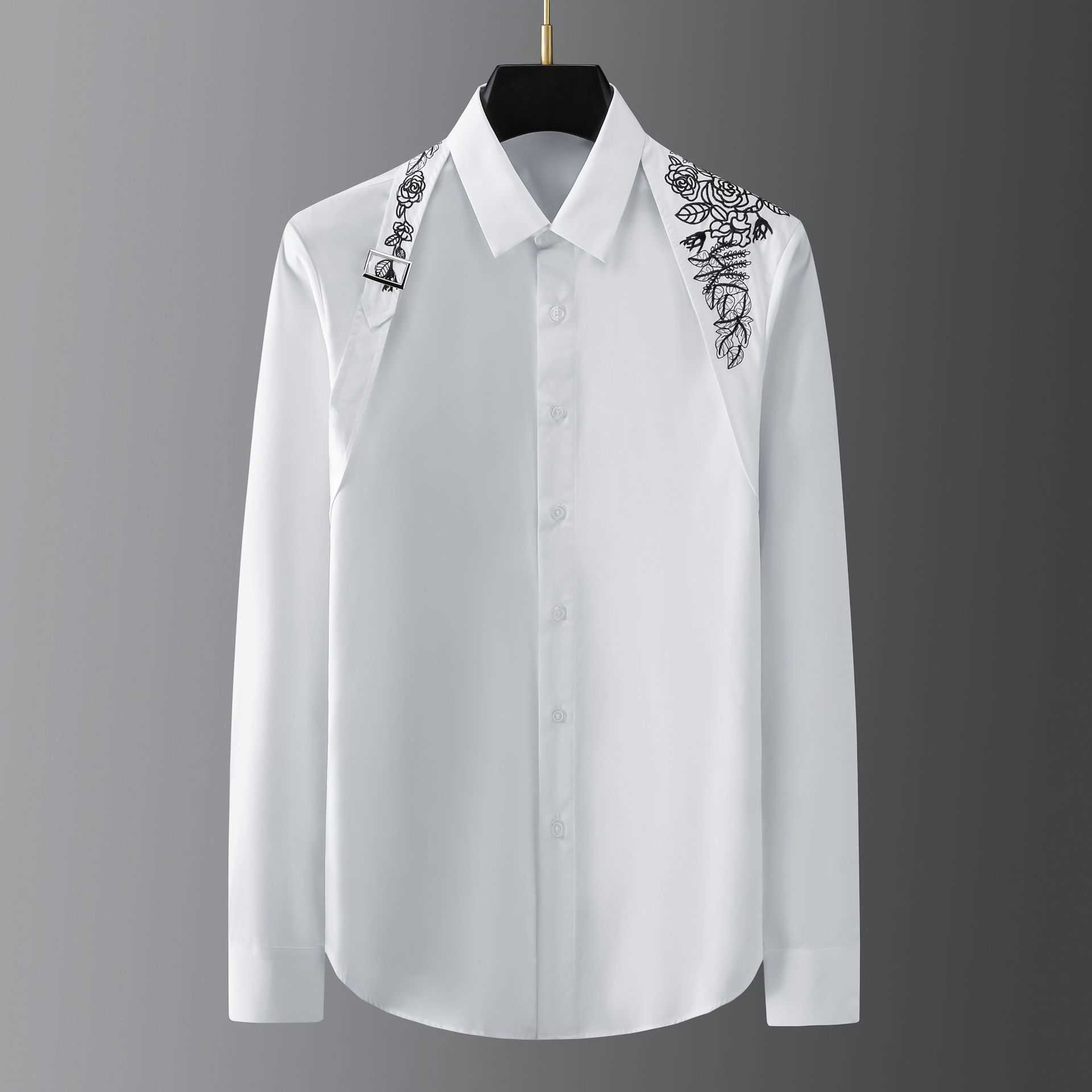 

Ribbon Embroidery Shirt Men Long Sleeve High Quality Formal Dress Shirts Streetwear Chemise Homme Show Social Party Casual Tops 210527, White