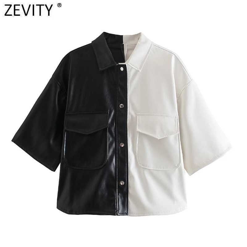 

Zevity Women VIntage Black White Color Patchwork PU Leather Blouse Female Short Sleeve Pocket Patch Shirt Chic Blusa Tops LS9251 210603, As pic ls9251daa