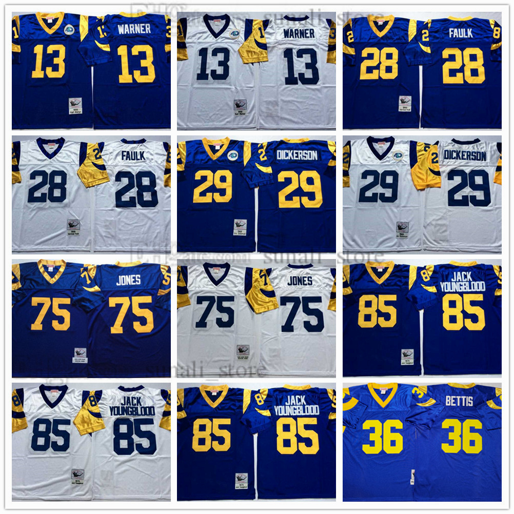 

NCAA Football 13 Kurt Warner Jerseys 28 Marshall Faulk 29 Eric Dickerson 75 Deacon Jones 85 Jack Youngblood 36 Jerome Bettis Men Vintage All Stitched, Blue