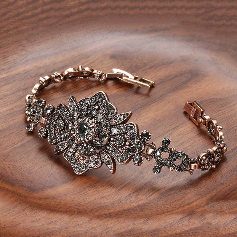 

Charm Boho Women Link Bracelet Antique Gold Color Gray Crystal Ethnic Wedding Bridal Vintage Jewelry Russia Accessories