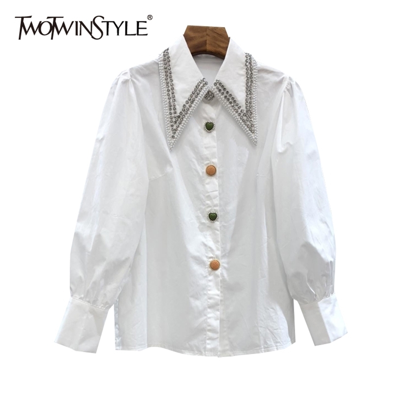 

Casual Patchwork Diamond Shirt For Women Lapel Long Sleeve White Elegant Shirts Female Fashion Clothing 210524