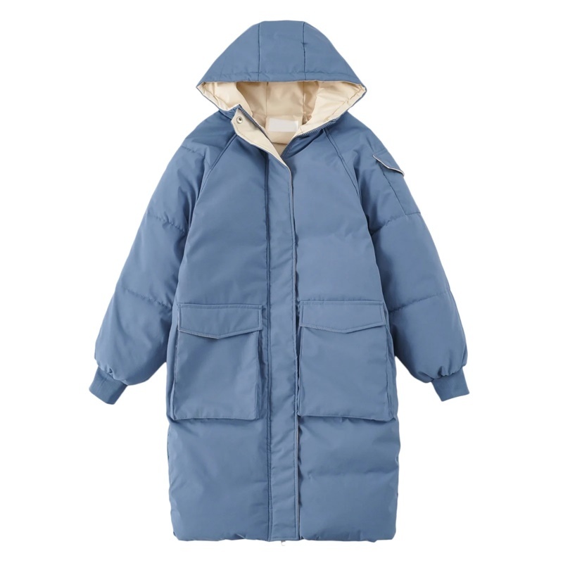 

Fashion Straight Slim Big Pocket Hooded Winter Thicken Warm Long Bread Cotton Coat Ladies 210521, Haze blue