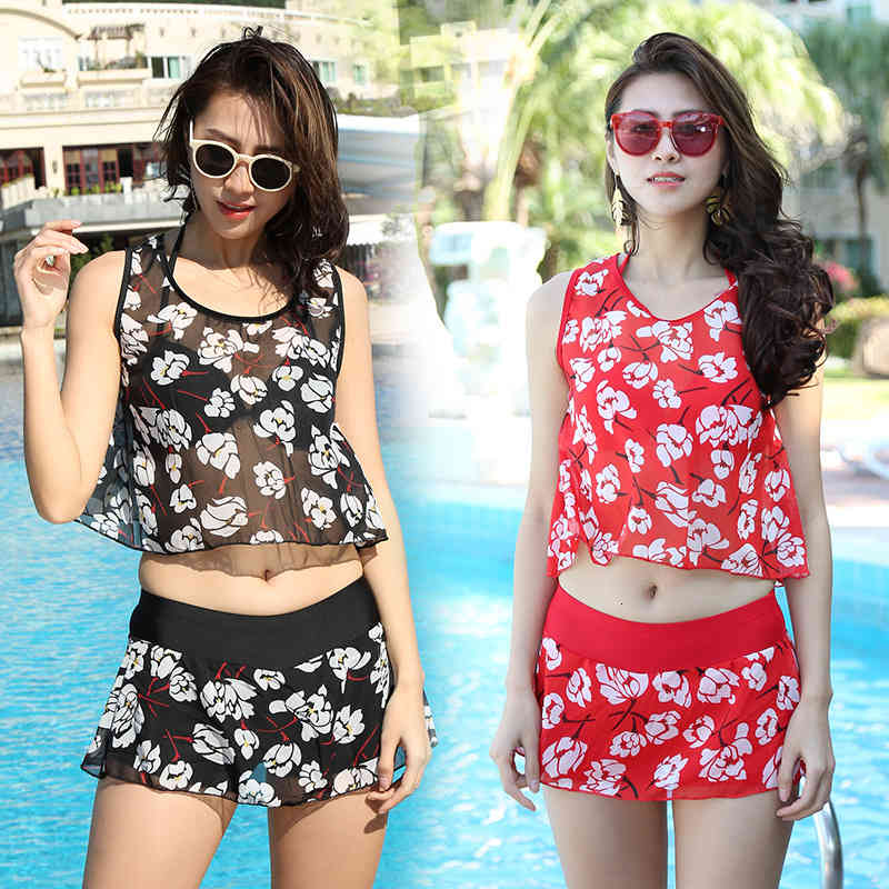 Three Split Women&#039;s Piece Set Conservative Thin Flat Angle Skirt Type Steel Bracket Gathered Bikini Swimsuit 87827-image-678414717