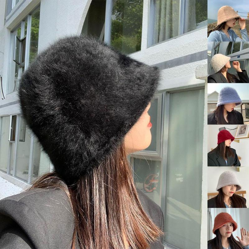 

Berets Winter Warm Women's Solid Color Plush Hat Bucket Cap Fisherman's Basin, Black