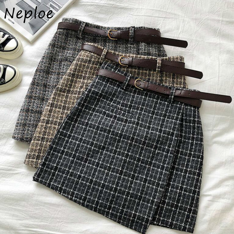 Neploe Spring Autumn Irregular Women Mini Skirt New Korean Vintage Chic Plaid Jupe High Waist Mini A-line Skirts with Belt 94480 210422