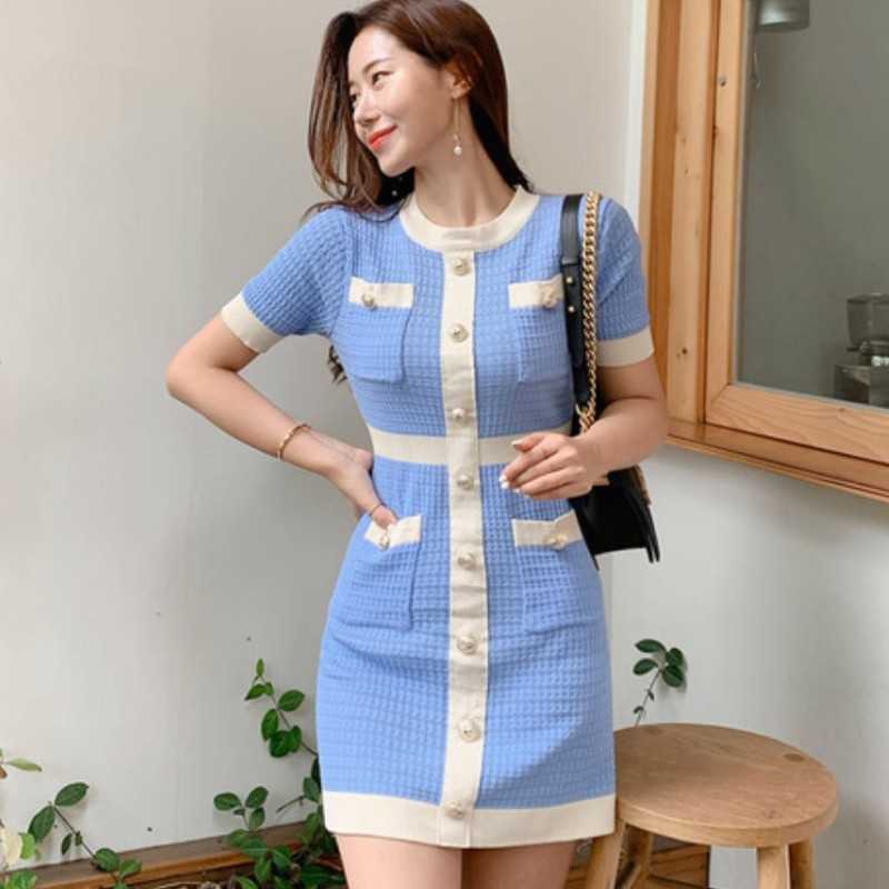 

Women Sexy Elegant Vestidos Korean Short Sleeve Knitting Dresses Summer Hit Color Single-Breasted Mini Dress 210526, Picture color