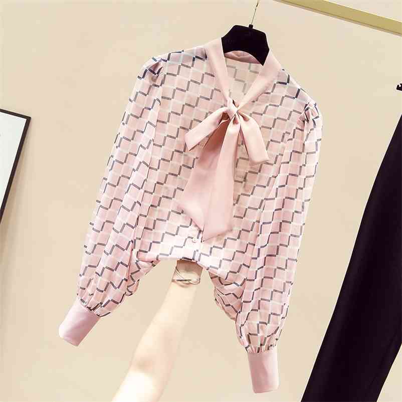 

Autumn Elegant Women's Bow Collar Long Sleeves Chiffon Shirts Office Ladies Shirt OL Blouse Tops A3668 210519, Pink