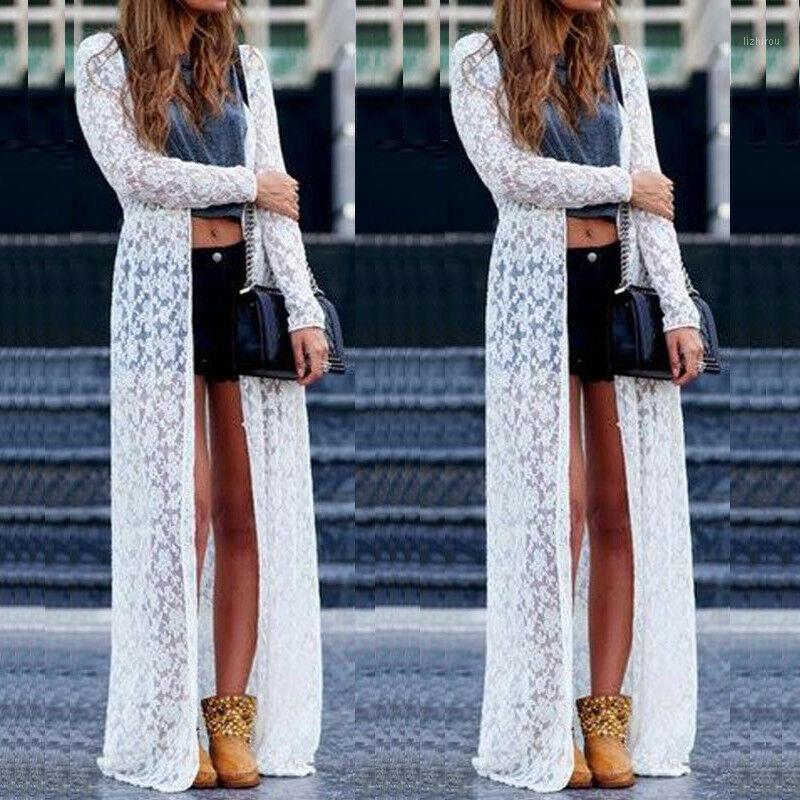 

Women Lady Summer Lace Bikini Cover Up Swimwear Long Beach Dress Female Cardigan Solid White Beachwear Women's, As pic