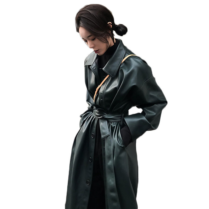 

WSYORE Cool Leather Long Jacket 2021 New Spring Women Loose Belt PU Leather Windbreaker Trench Coat Slim Autumn Jacket NS939, Black