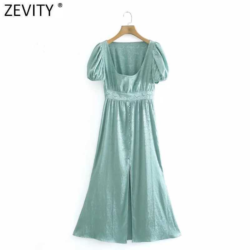 

Zevity Women Fashion Square Collar Jacquard Midi Shirt Dress Chic Female Pleat Puff Sleeve Buckles Casual Slim Vestidos DS8368 210603, As pic ds8368ld