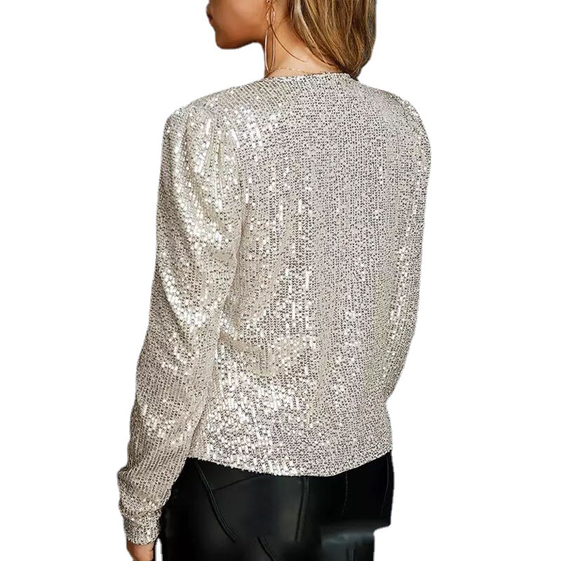 

Lady Chic Glitter Sequined Jacket Coat Women Shiny Autumn Puff Long Sleeve Cardigan Elegant Female Clubwear, Silver