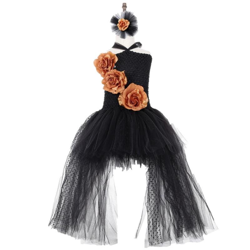 

Girl's Dresses Black Polyester Mesh Polka Dot Dress With Gold Flower Wedding Long Train Halloween Costumes For Teens Xmas Clothes Vestido, Red;yellow