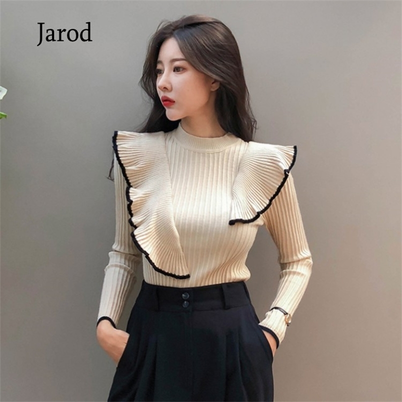 

Autumn fashion Hit Color Ruffled Stitching Women's Pullover Sweater All-match Lotus Leaf Edge Female Knitwear Tops 210519, Picture color