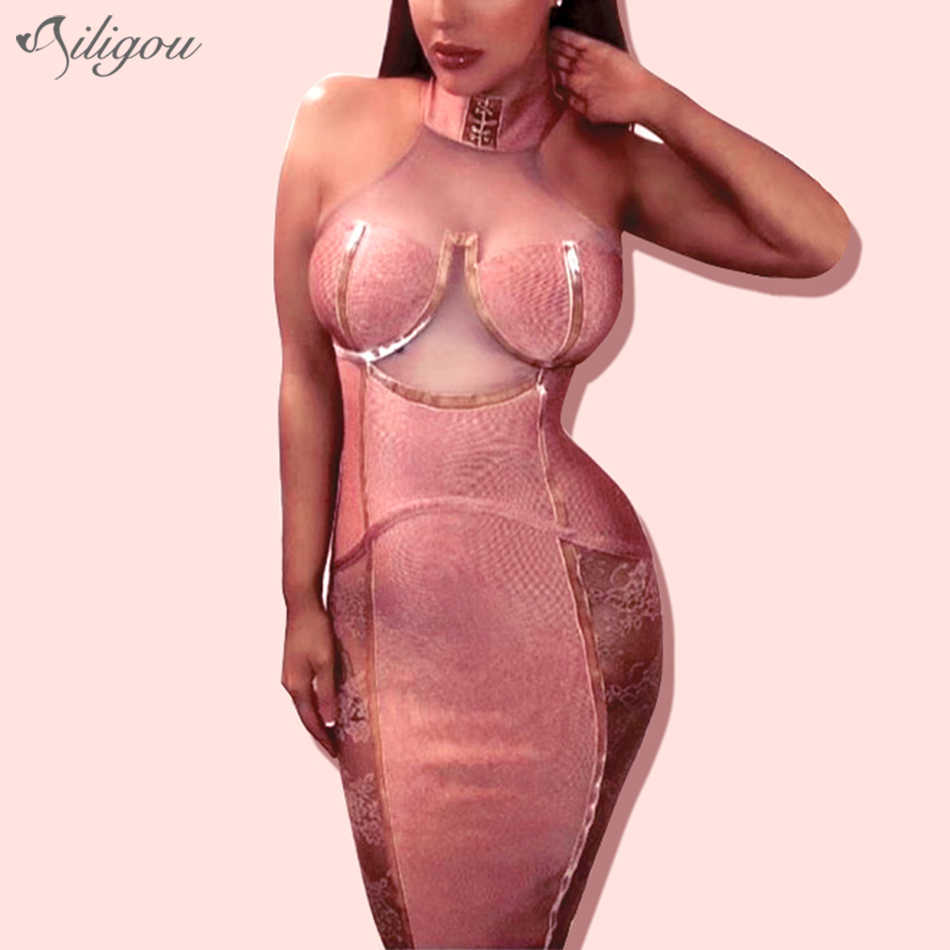 

Pink Bandage Dress Sleeveless Backless Lace Bodycon Elegant Celebrity Night Club Vintage Vestios Bandagem 210527, Black