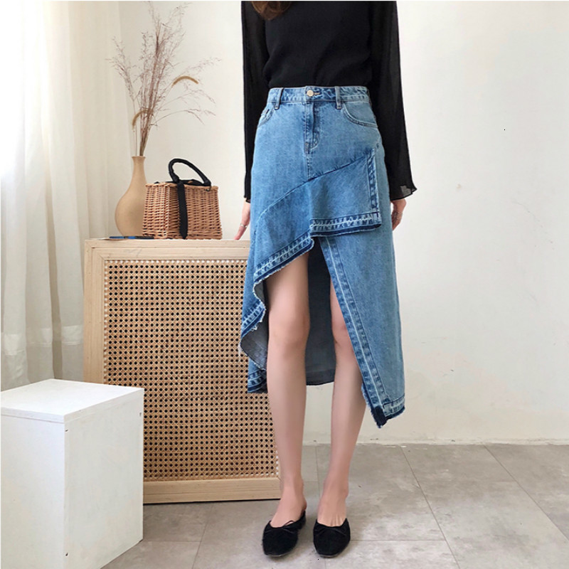 

Casual Dresses Chic Ruffles Irregular Skirt Half-body Thin Women's Denim Skirts 4ENN, Blue