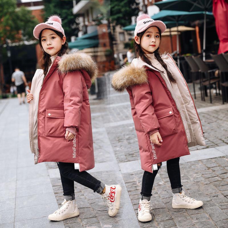 

Down Coat 2021 Girl Clothing Winter Warm Hooded Jacket Cotton-padded Long Clothes Children Thicken Parka Overcoat Faux Fur 4-14 Y, Blue;gray