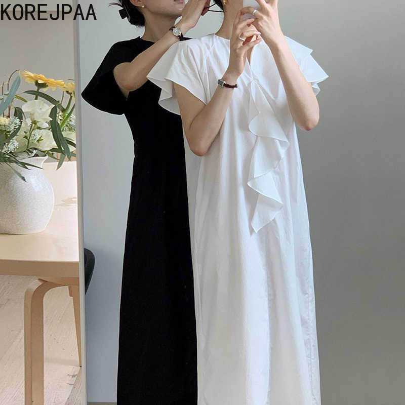 

Korejpaa Women Dress Summer Korea Chic Simple Elegant Solid Color O Neck Ruffled Stitching Loose Strap Long Vestido Female 210526, White