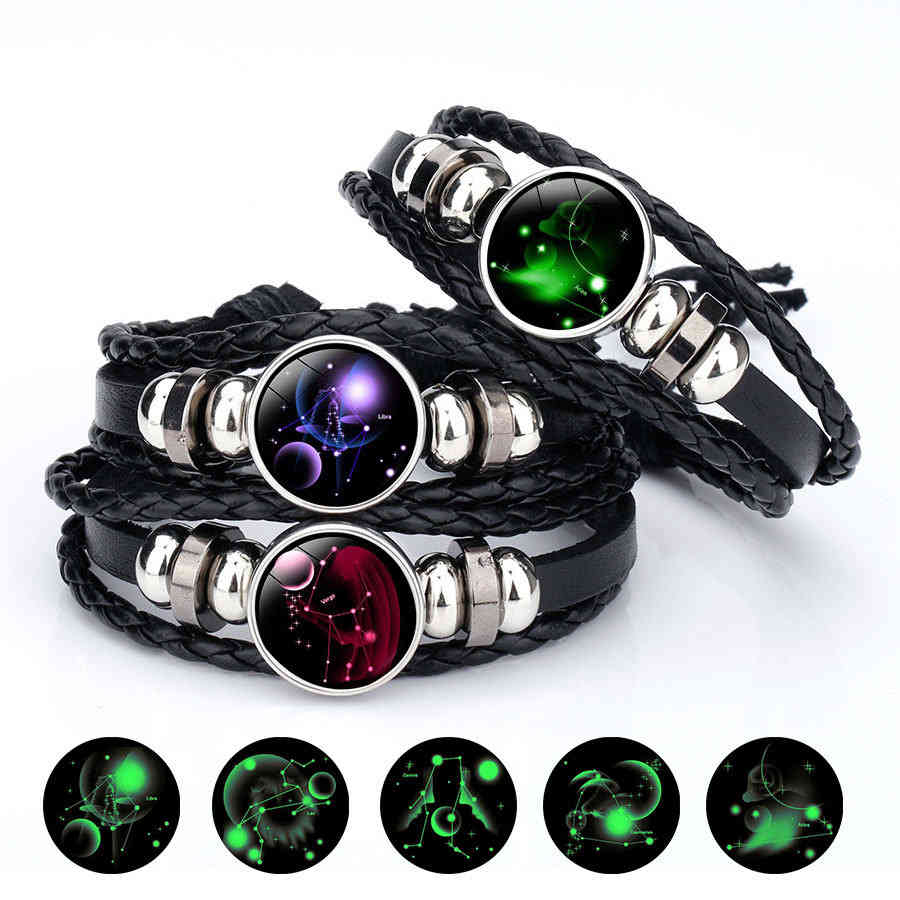 

12 Zodiac Glow in the Dark Sign Bracelets for Women Men Constellation Snap Button Charm Leather Rope Bangle Fashion Jewelry