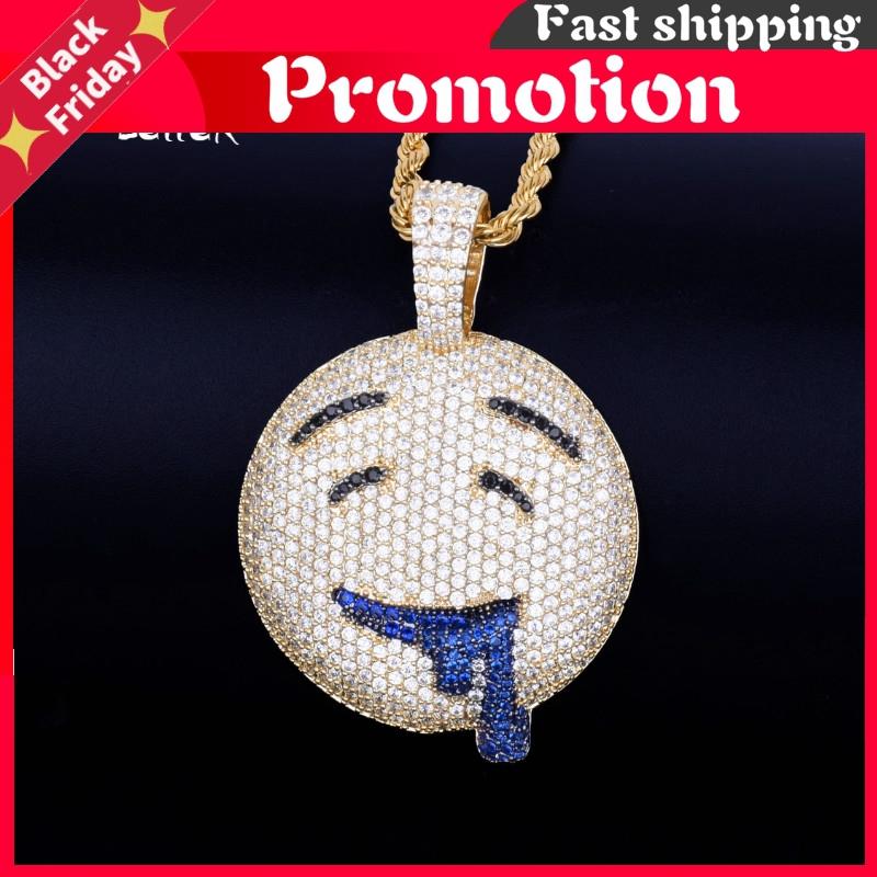 

Chains Drool Round Face Pendant With Tennis Chain Gold Color Charm Bling Cubic Zircon Men's Hop Necklace Rock Jewelry, Silver