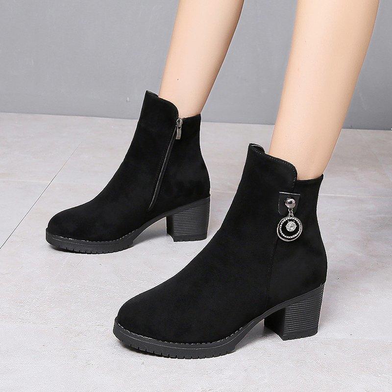 

Boots 2021 Autumn Winter Fashion Thick Heel Short Plus Velvet Warm Women's High Large Size 35-43, Beige