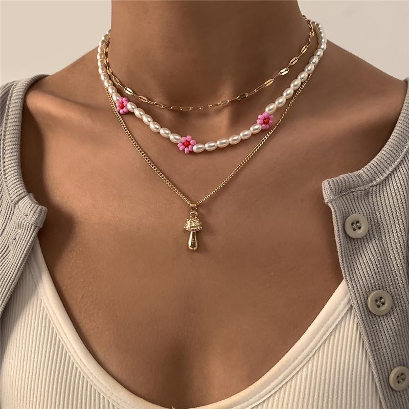 

Pendant Necklaces Trendy Gold Color Pearl Bead Flower Mushroom Necklace For Women Girl Sweet Charming Layered Party Jewelry
